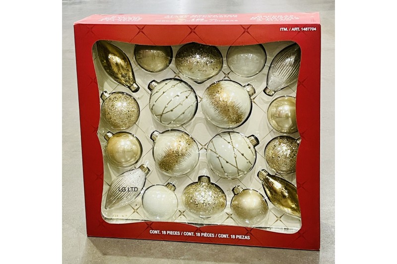 18 Piece Hand Decorated Glass Christmas Ornament Set in White, Gold and Silver