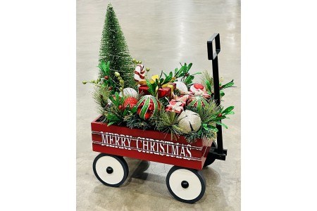 LED Toy Wagon With Floral Arrangement Indoor Christmas Decoration