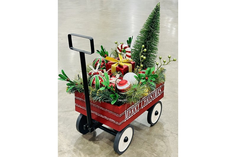 LED Toy Wagon With Floral Arrangement Indoor Christmas Decoration 
