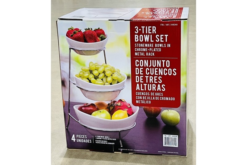 Stoneware Bowls 3 Tier Set with Chrome Plated Metal Rack Certified International 