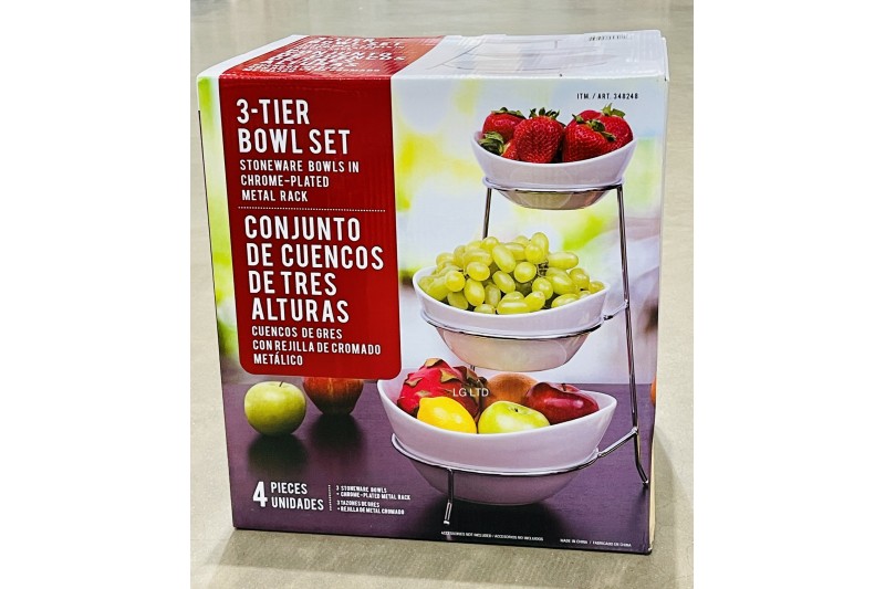 Stoneware Bowls 3 Tier Set with Chrome Plated Metal Rack Certified International 