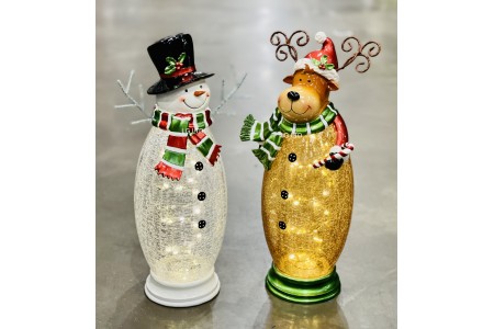 Glass Christmas Table Top Snowman and Moose Ornament With 20 LED Lights 17 Inch
