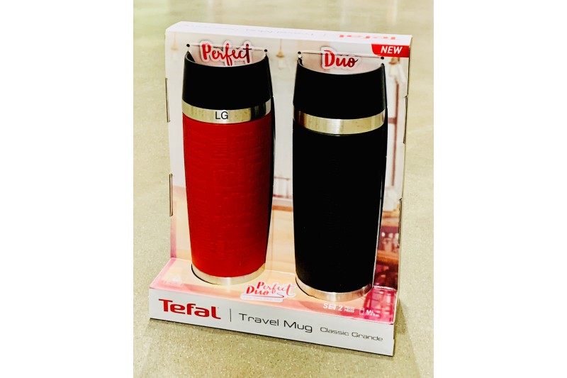 2 Pack Tefal Travel Drinks Mugs Double Wall Insulated Hot or Cold Stainless Steel 
