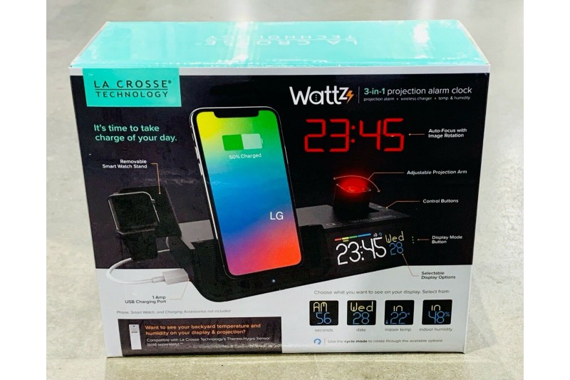 La Crosse Wattz Projection Alarm Clock Wireless Charger Phone & Watch Stand