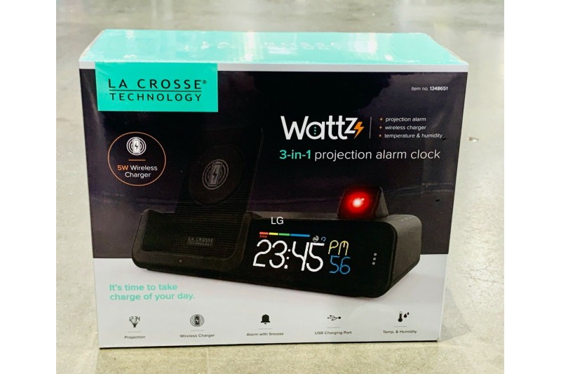 La Crosse Wattz Projection Alarm Clock Wireless Charger Phone & Watch Stand