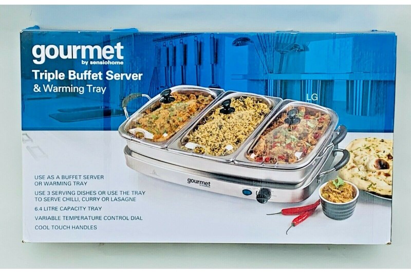 Gourmet Triple 6.4L Buffet Server with Warming Tray GBSTBS005 HOT FOOD PLATE Gourmet Triple 6.4L Buffet Server with Warming Tray GBSTBS005 HOT FOOD PLATE