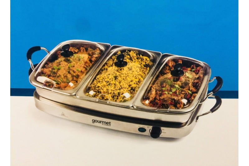 Gourmet Triple 6.4L Buffet Server with Warming Tray GBSTBS005 HOT FOOD PLATE Gourmet Triple 6.4L Buffet Server with Warming Tray GBSTBS005 HOT FOOD PLATE