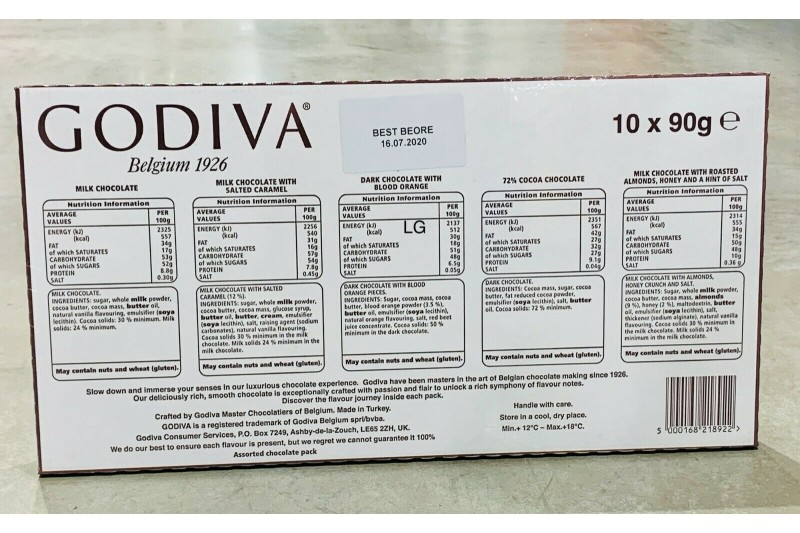 Godiva Belgian Chocolate Bar Assortment 10 x 90g Bars 